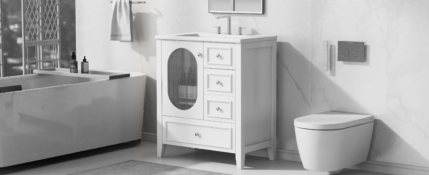 Bathroom Vanity with Sink, Bathroom Vanity Cabinet with Three Drawers and Door, Solid Wood and MDF, White