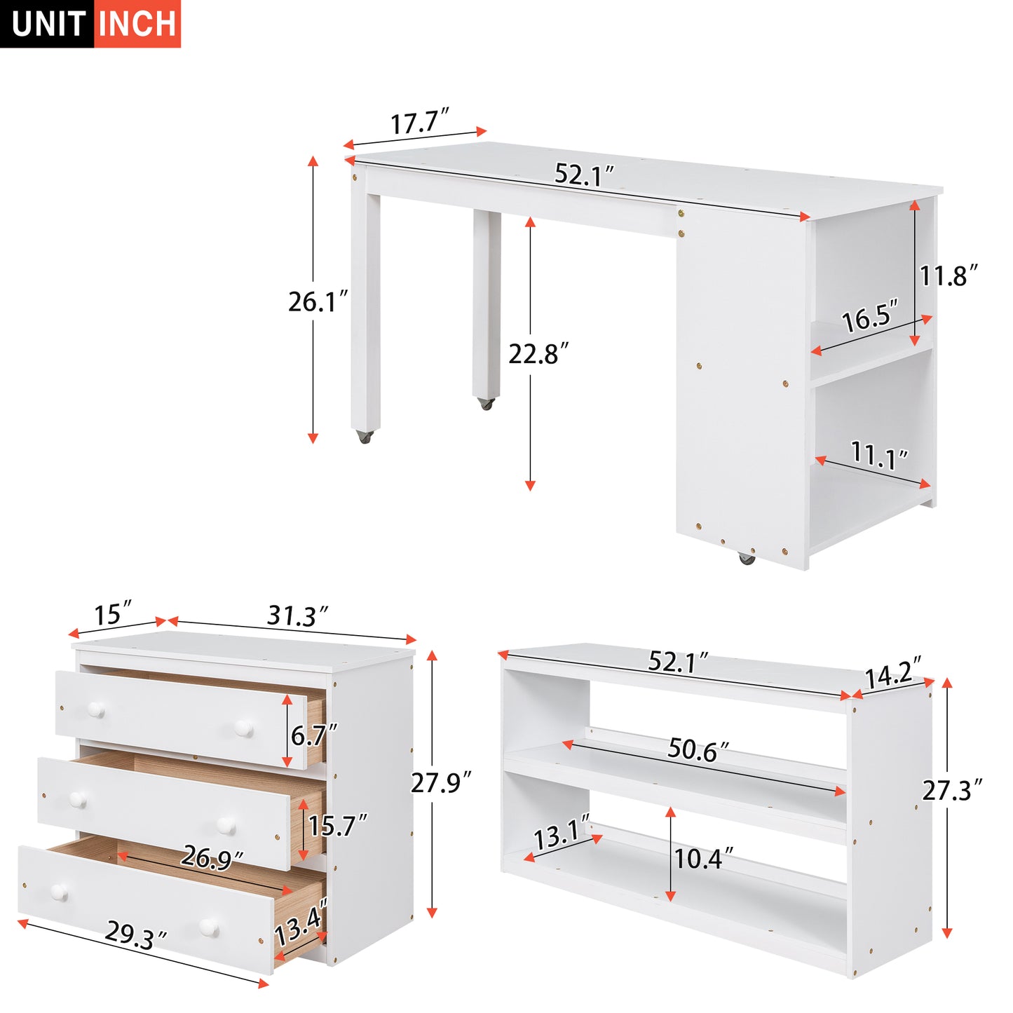 Low Study Full Loft Bed with Cabinet Shelves and Rolling Portable Desk Multiple Functions Bed- White