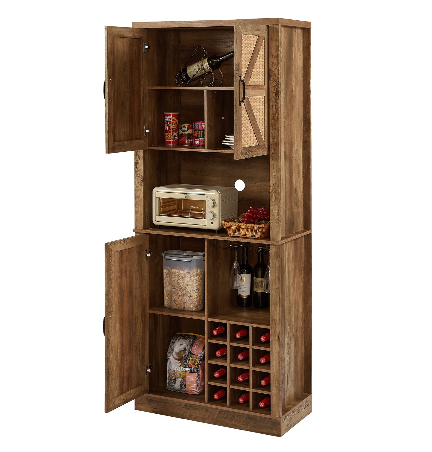 76-Inch Tall Rustic Oak Farmhouse Kitchen Faux Rattan Wine Cabinet with Square Compartments and Shelves