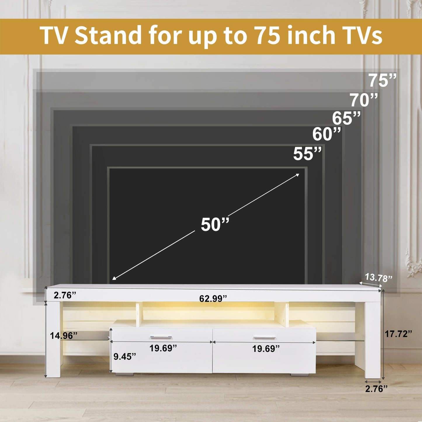 LED TV stand modern TV stand with storage Entertainment Center with drawer TV cabinet for Up to 75 inch for Gaming Living Room B