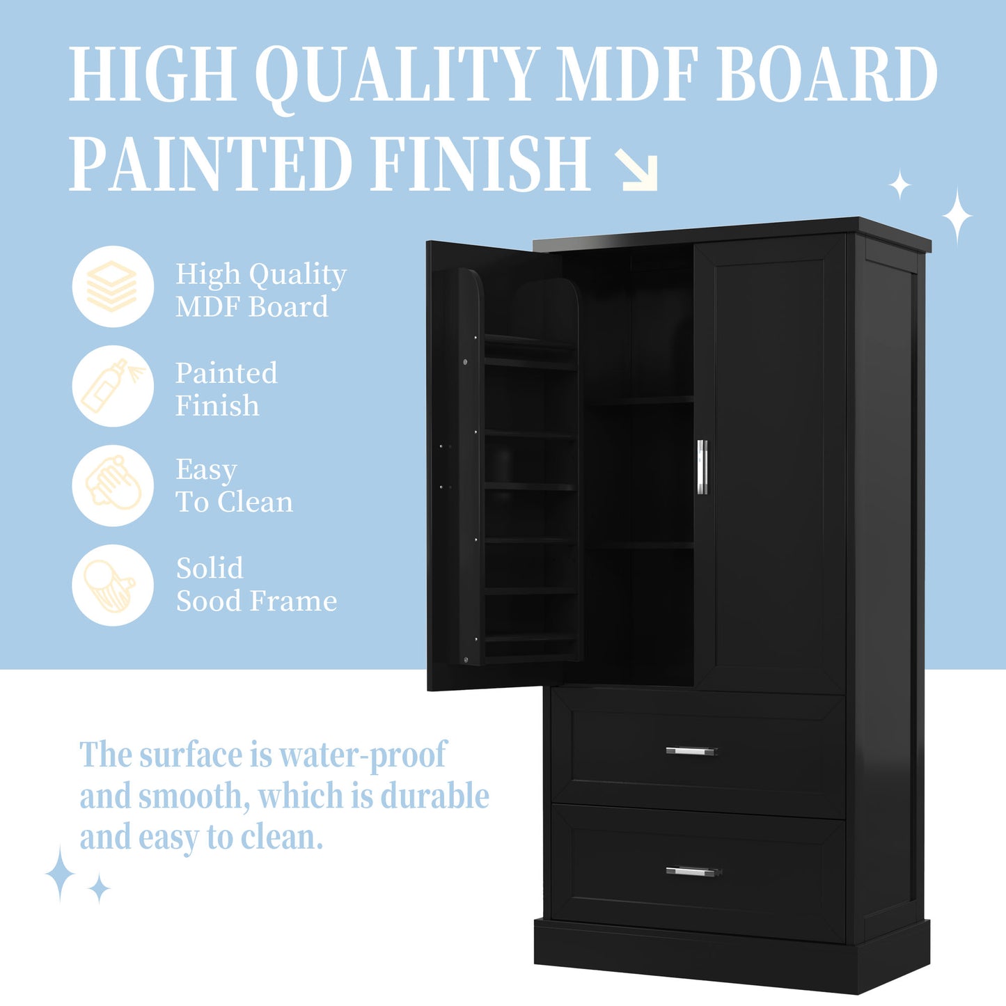 Mueble de baño alto con dos puertas y cajones, estante ajustable, tablero MDF, color negro