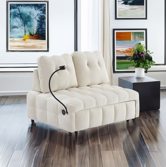 Modern Velvet Sofa Bed with Removable Backrest, USB Port, and Swivel Phone Stand, Beige