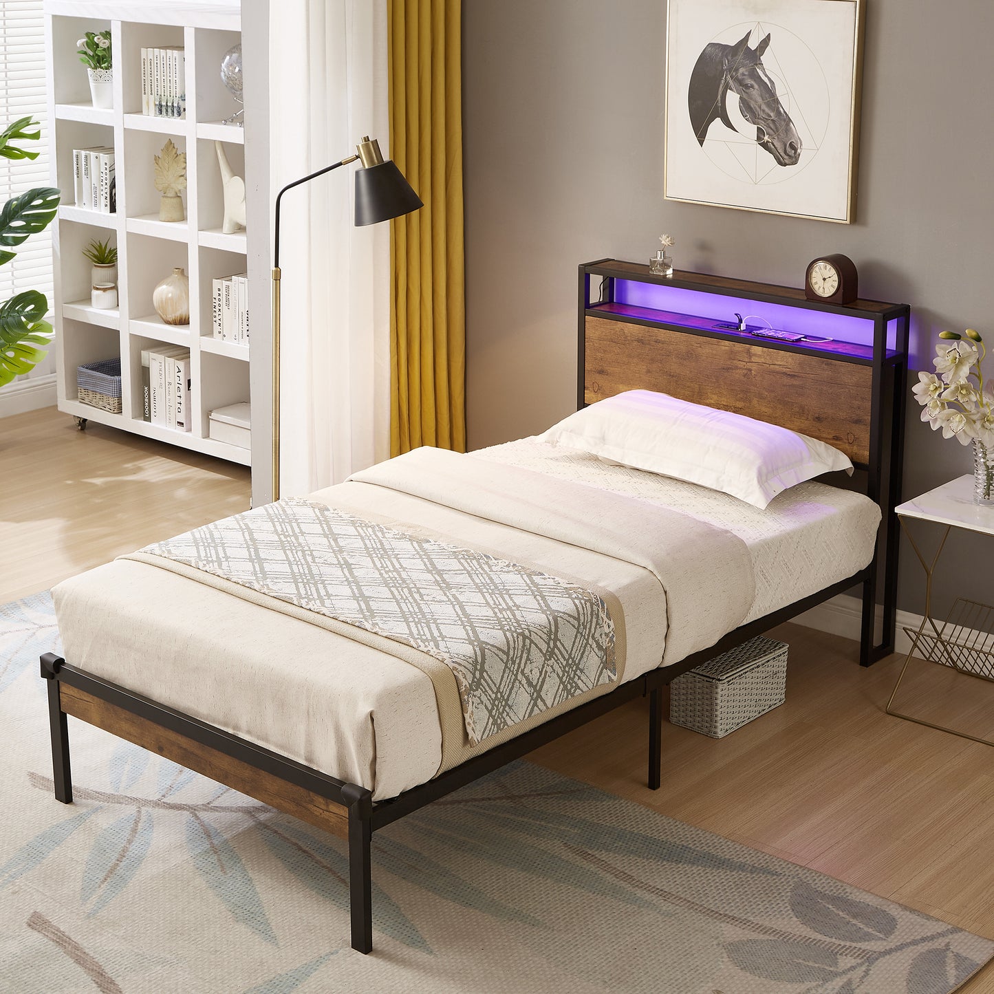 Dual size metal platform bed frame with wooden headboard and footrest, USB LINER, LED lights