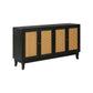 Handcrafted Premium Grain Rattan Sideboard Buffet Cabinet with 4 Rattan Doors, Black Finish