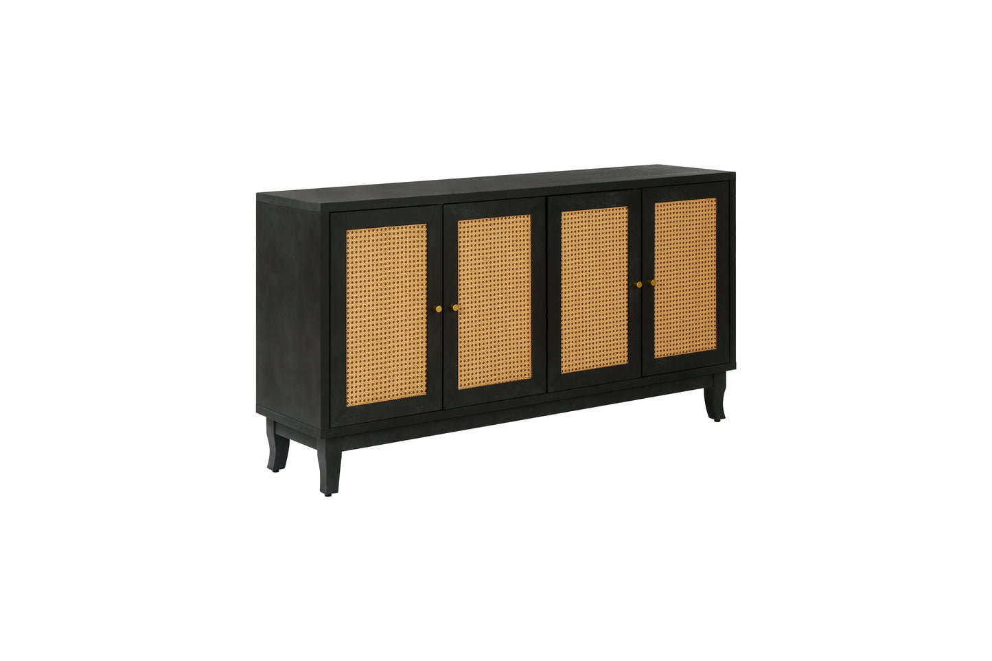 Handcrafted Premium Grain Rattan Sideboard Buffet Cabinet with 4 Rattan Doors, Black Finish