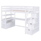 Twin Size Loft Bed with Desk and Shelves  Two Built-in Drawers  Storage Staircase White