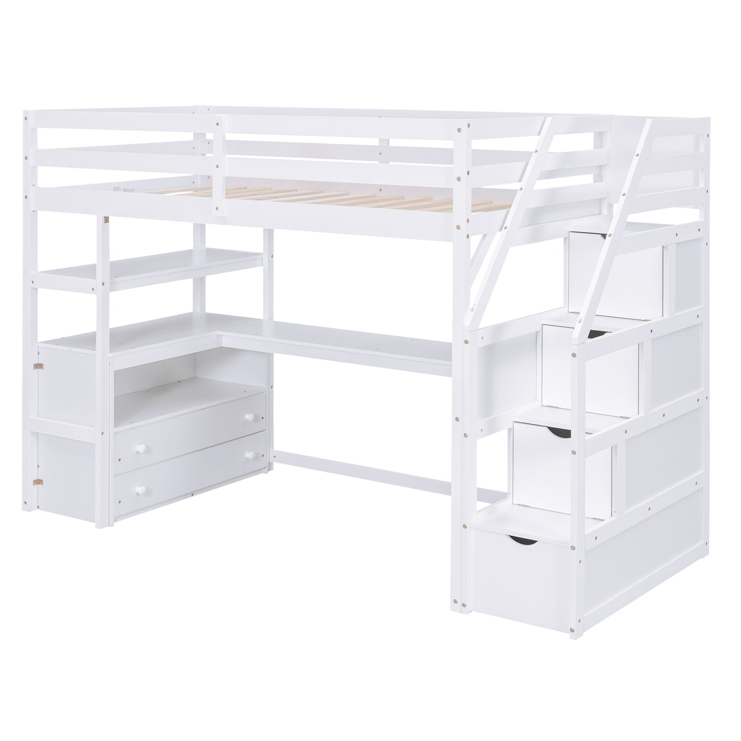 Twin Size Loft Bed with Desk and Shelves  Two Built-in Drawers  Storage Staircase White