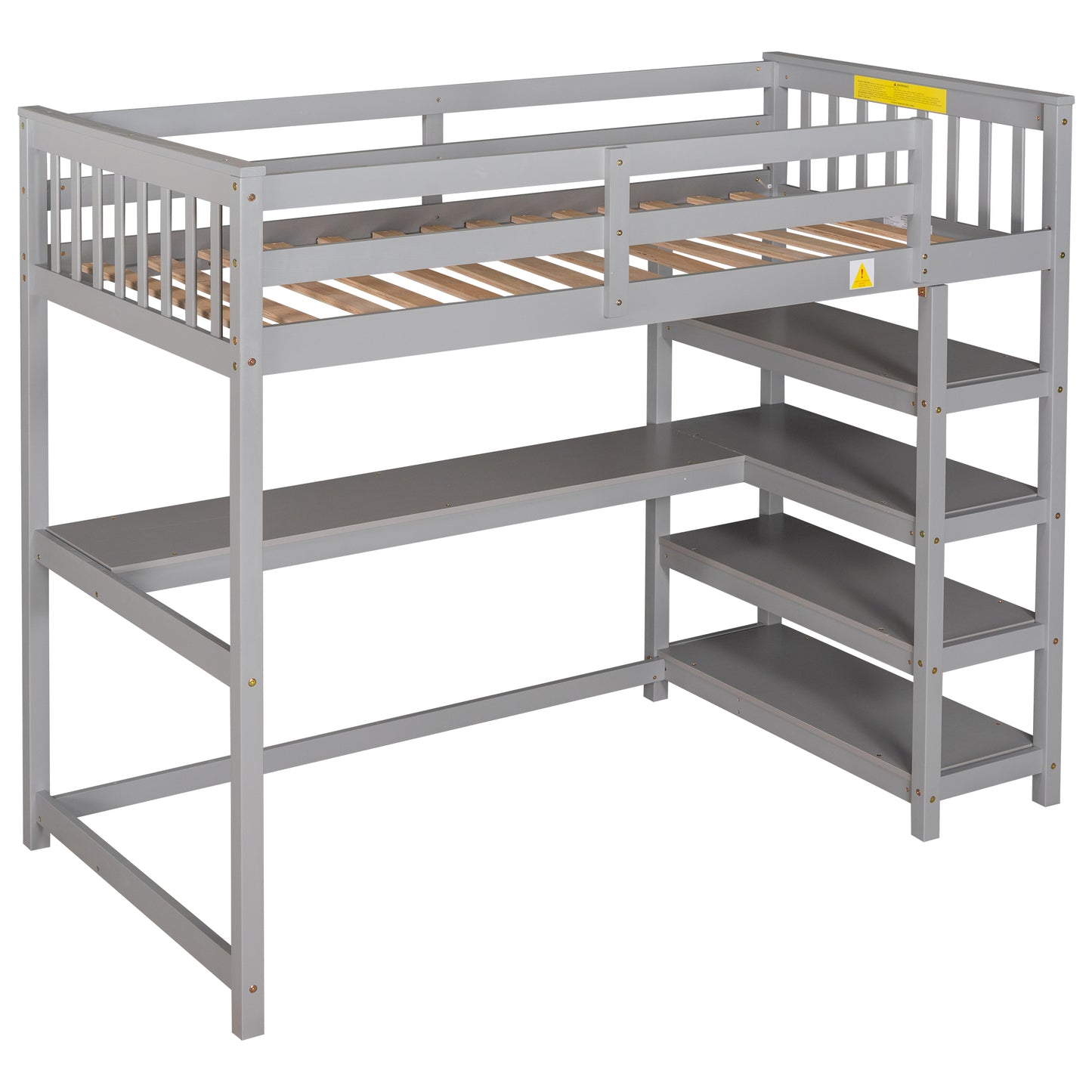 Twin Size Loft Bed with Storage Shelves and Under-bed Desk Gray