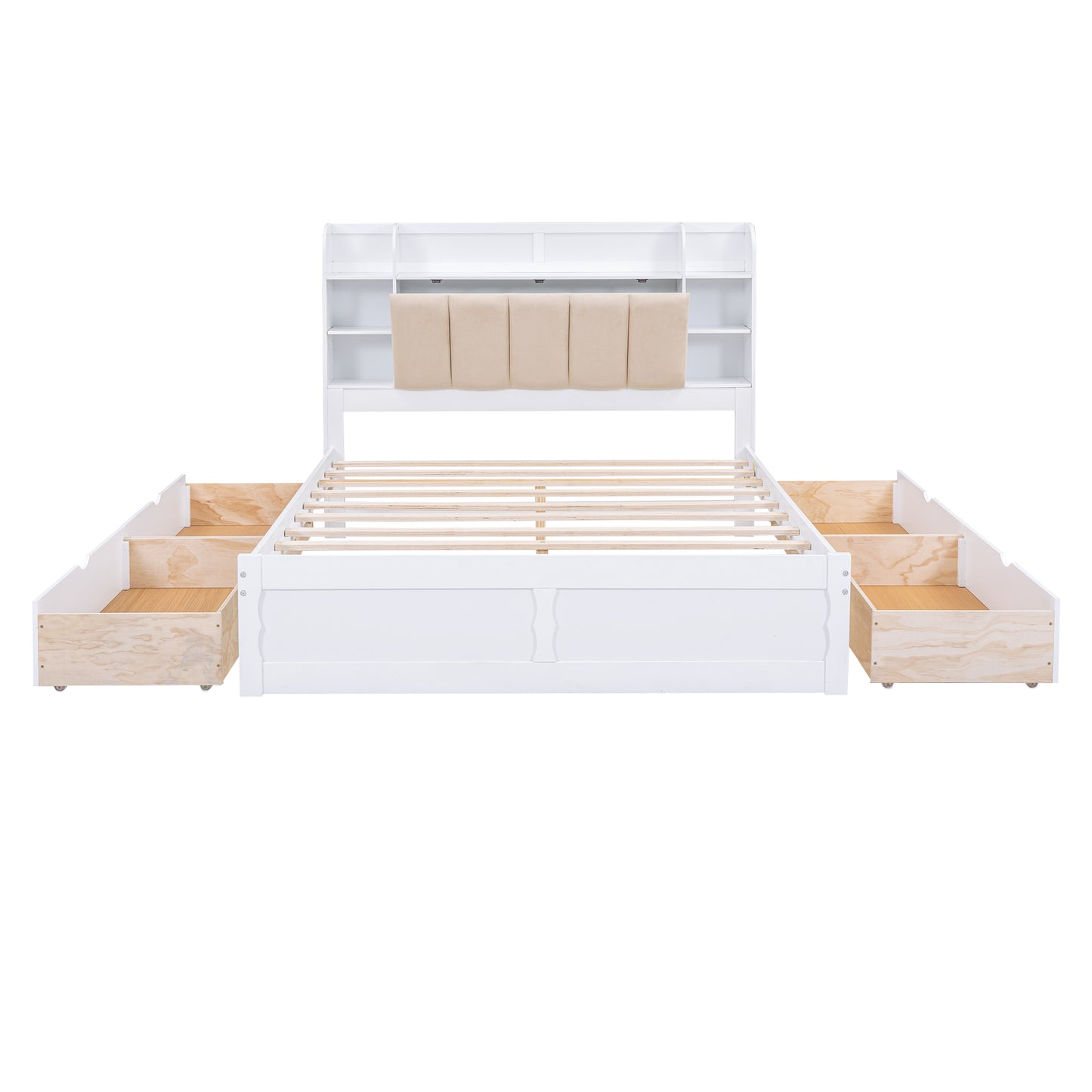 Wood Queen Size Platform Bed with Storage Headboard  Shelves and 4 Drawers  White