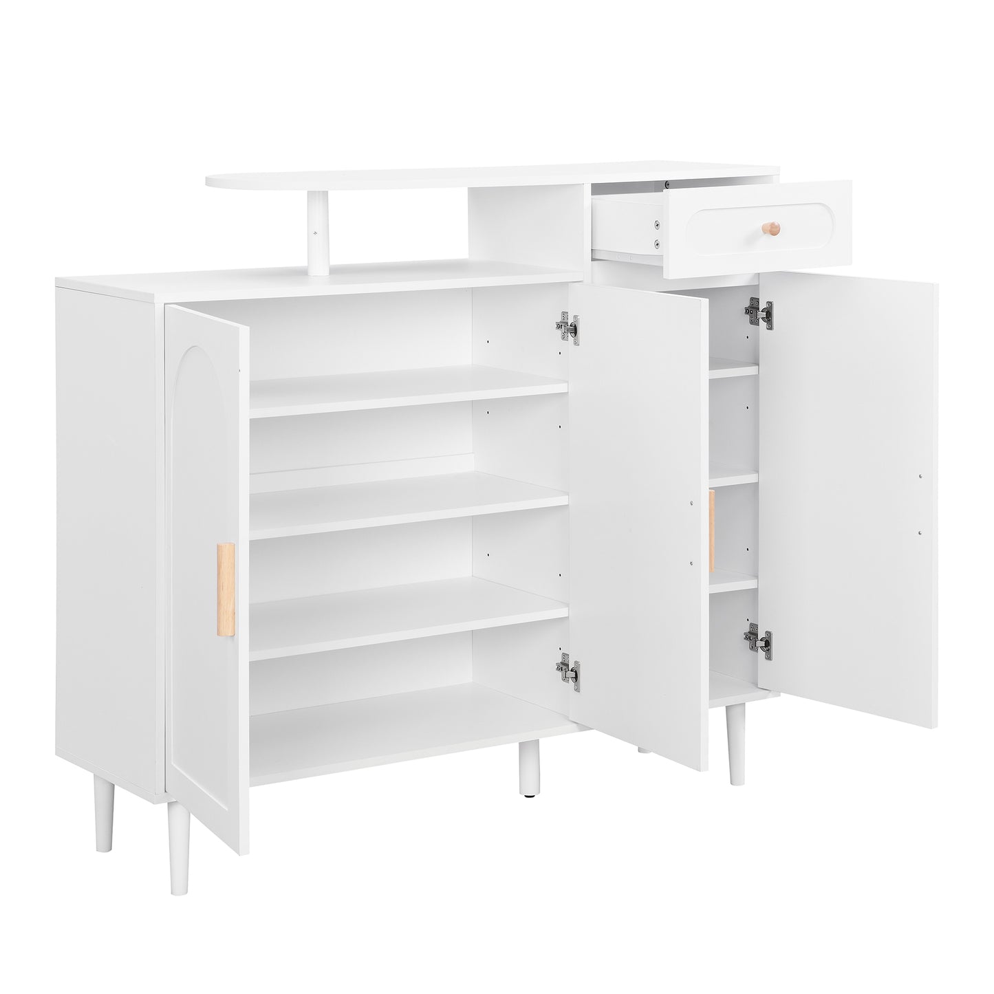 ON-TRANS Elegant Shoe Cabinet with Arched Doors and Drawers, Storage Side Panels, Adjustable Shelves and Solid Wood Legs, White