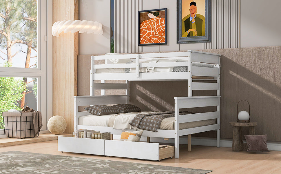 Wood Twin over Full Bunk Bed with 2 Drawers  White