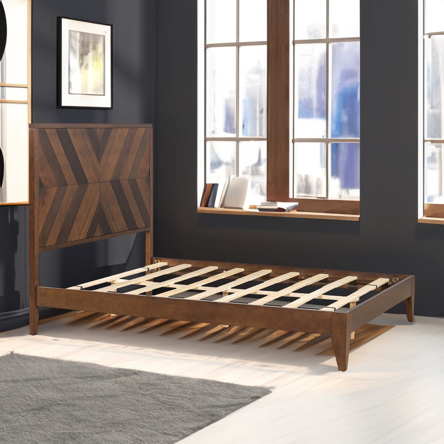 Mid-Century Modern Platform Bed Wood Slat Support with No Box Spring Needed,Full, Walnut