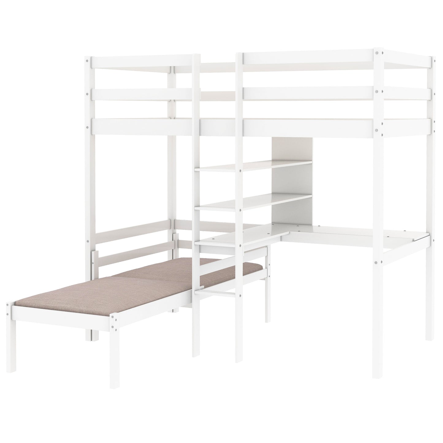 Convertible Loft Bed with L-Shape Desk, Twin Bunk Bed with Shelves and Ladder White