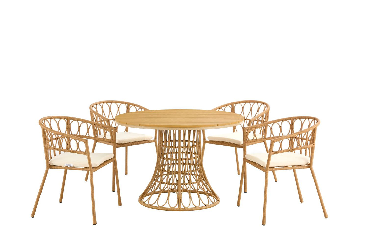 Outdoor Dining Set of 5, Simple Bamboo Table with PE Rattan Round Top, 110cm, Perfect for Patios