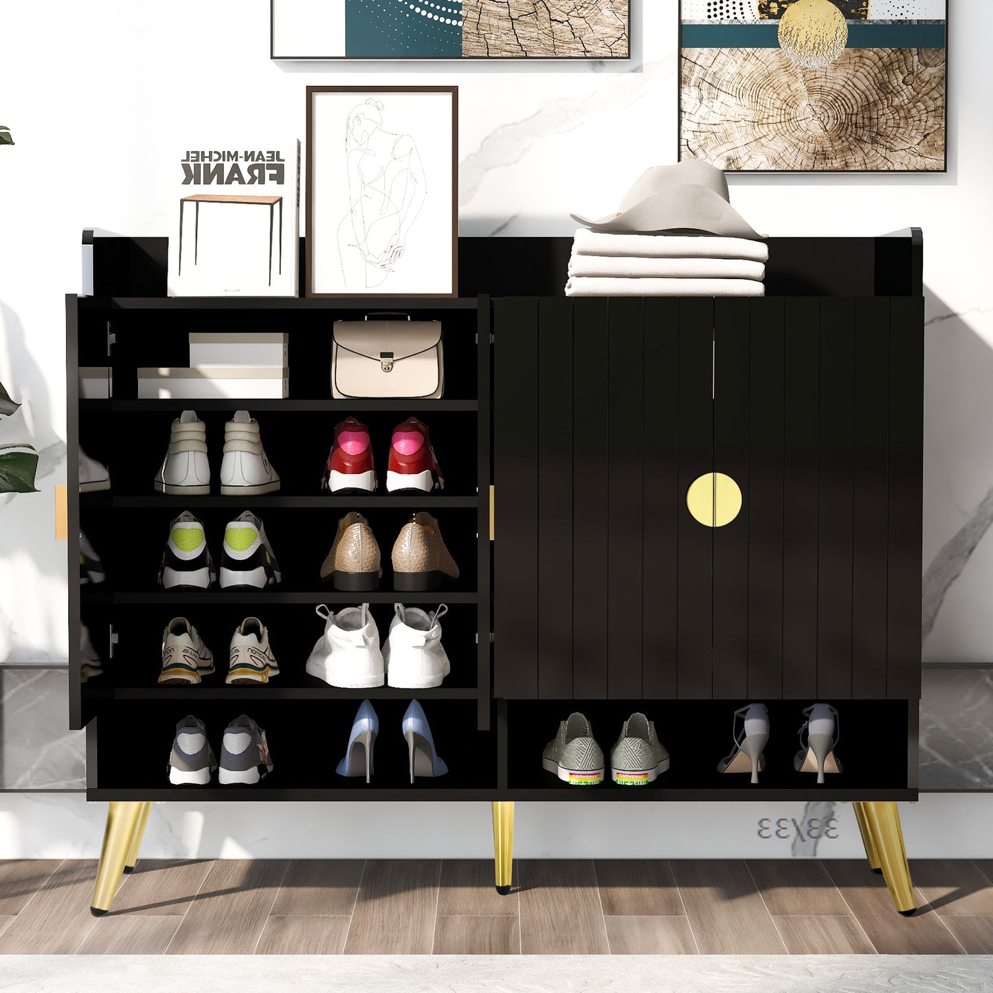 U-Can shoe cabinet with door, 11 layers with adjustable shelves, modern wooden shoe cabinet (PVC surface)