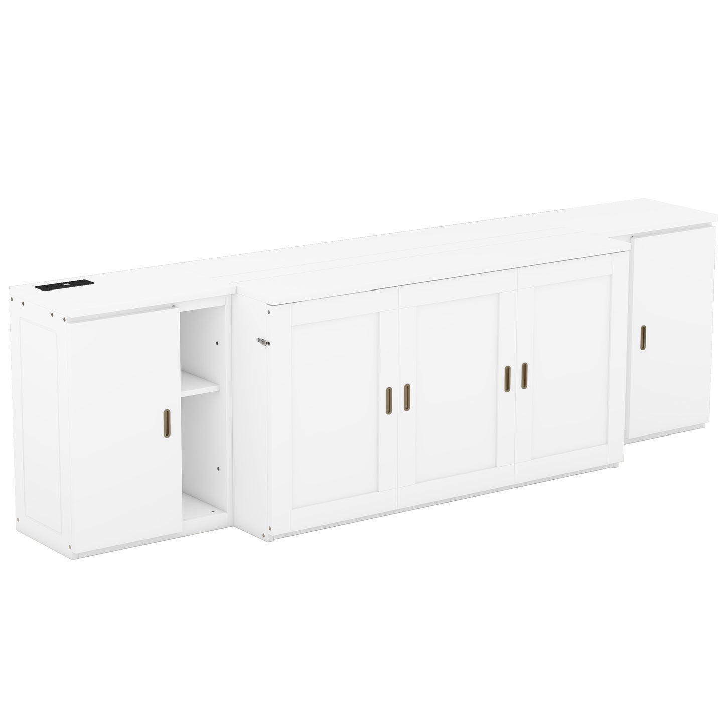 Cama plegable tamaño queen con estantes, gabinetes y puertos USB, acabado blanco para habitaciones que ahorran espacio