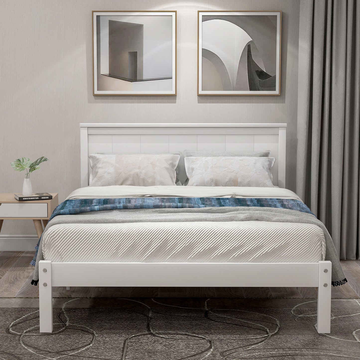 Platform Bed Frame with Headboard  Wood Slat Support  No Box Spring Needed Twin  White