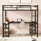 All metal loft bed with desk and shelf, loft bed with ladder and guardrail, black with black desk