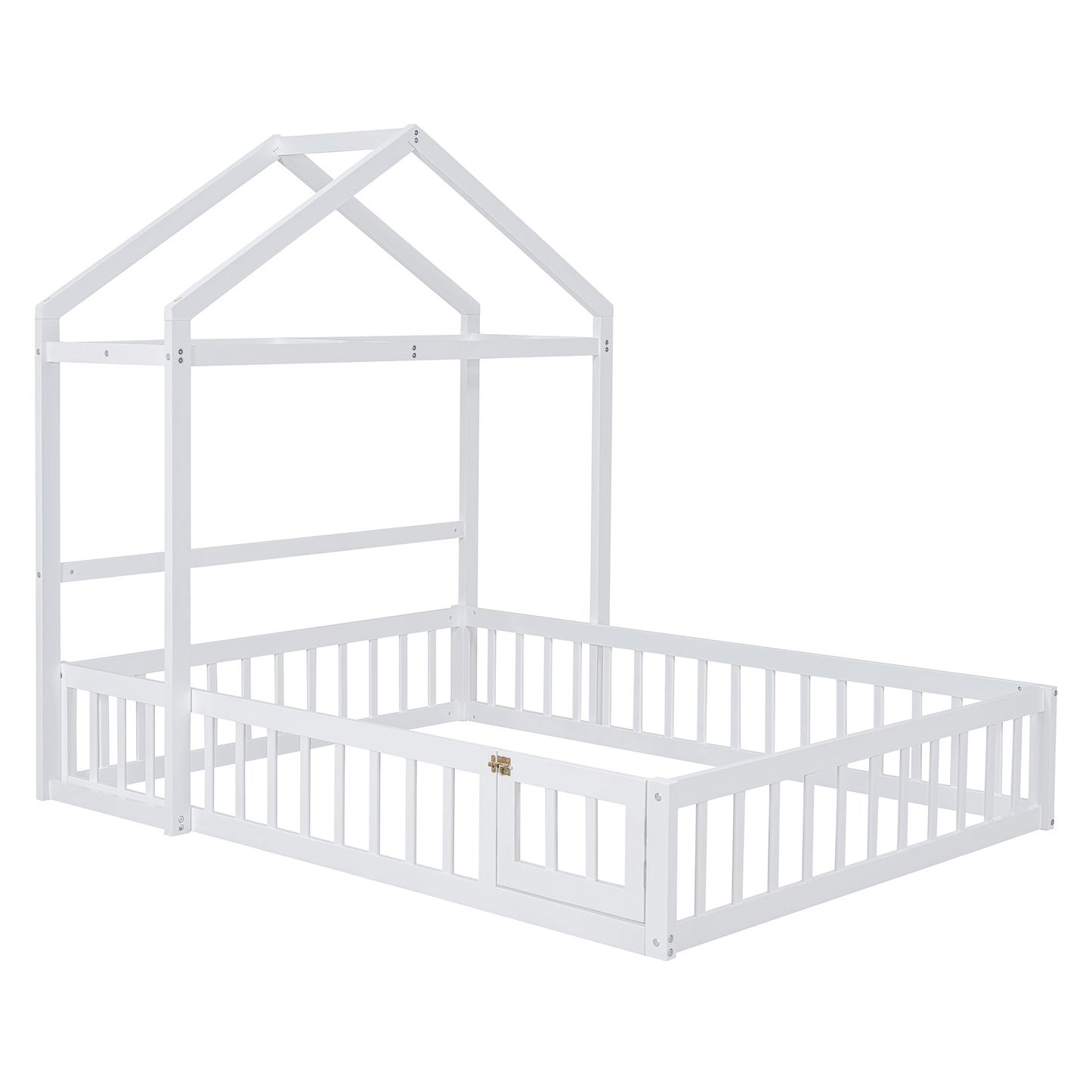 Wooden Full Size Children's Bed with Detachable Headboard and Integrated Clothes Drying Rack, White