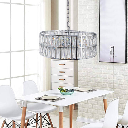 Modern crystal drum pendant light, 6-light pendant light, with silver metal frame (excluding light bulb)