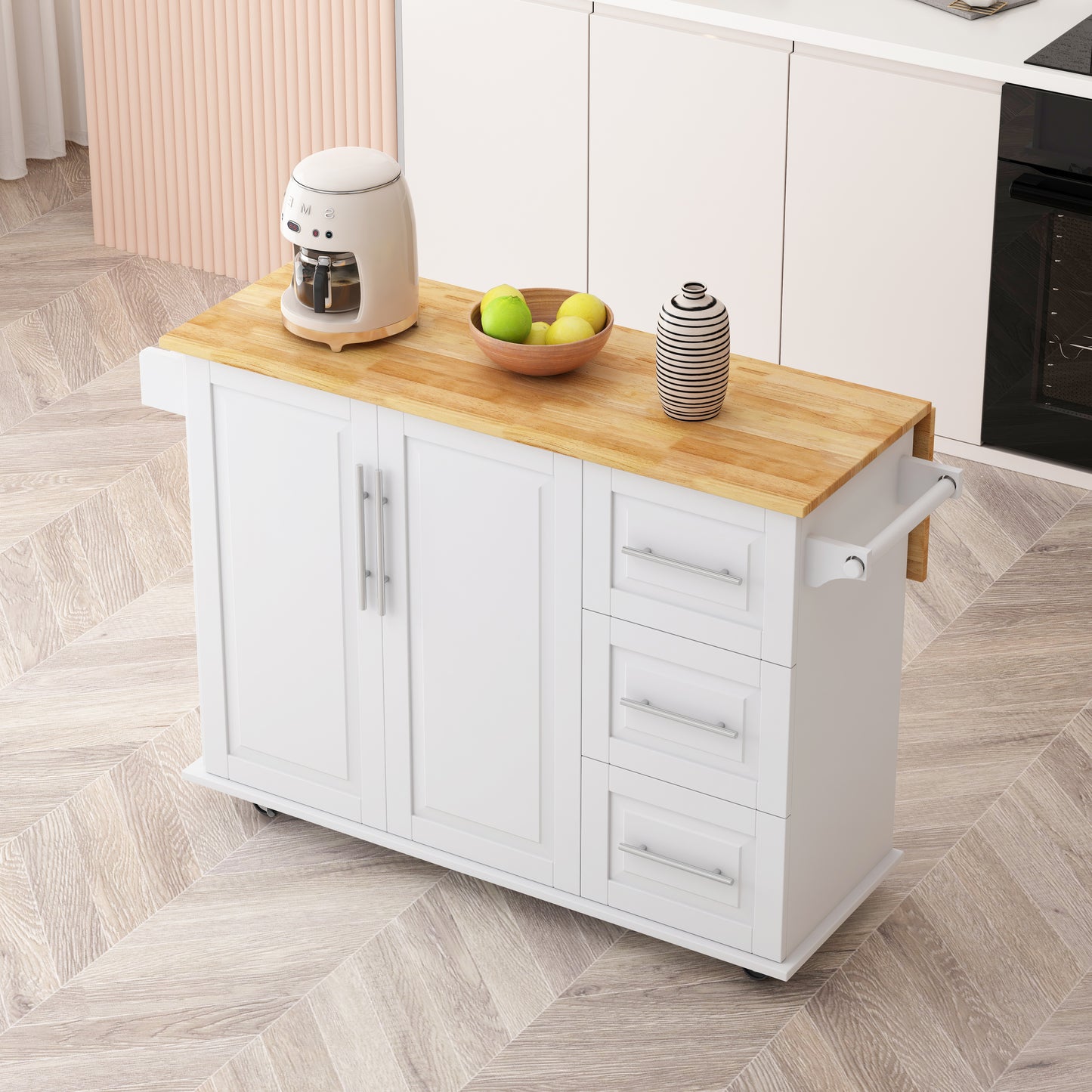 Kitchen Island Cart with 2-Door Cabinet, 3 Drawers, Spice Rack, and Towel Rack, 43.31-Inch Width in White