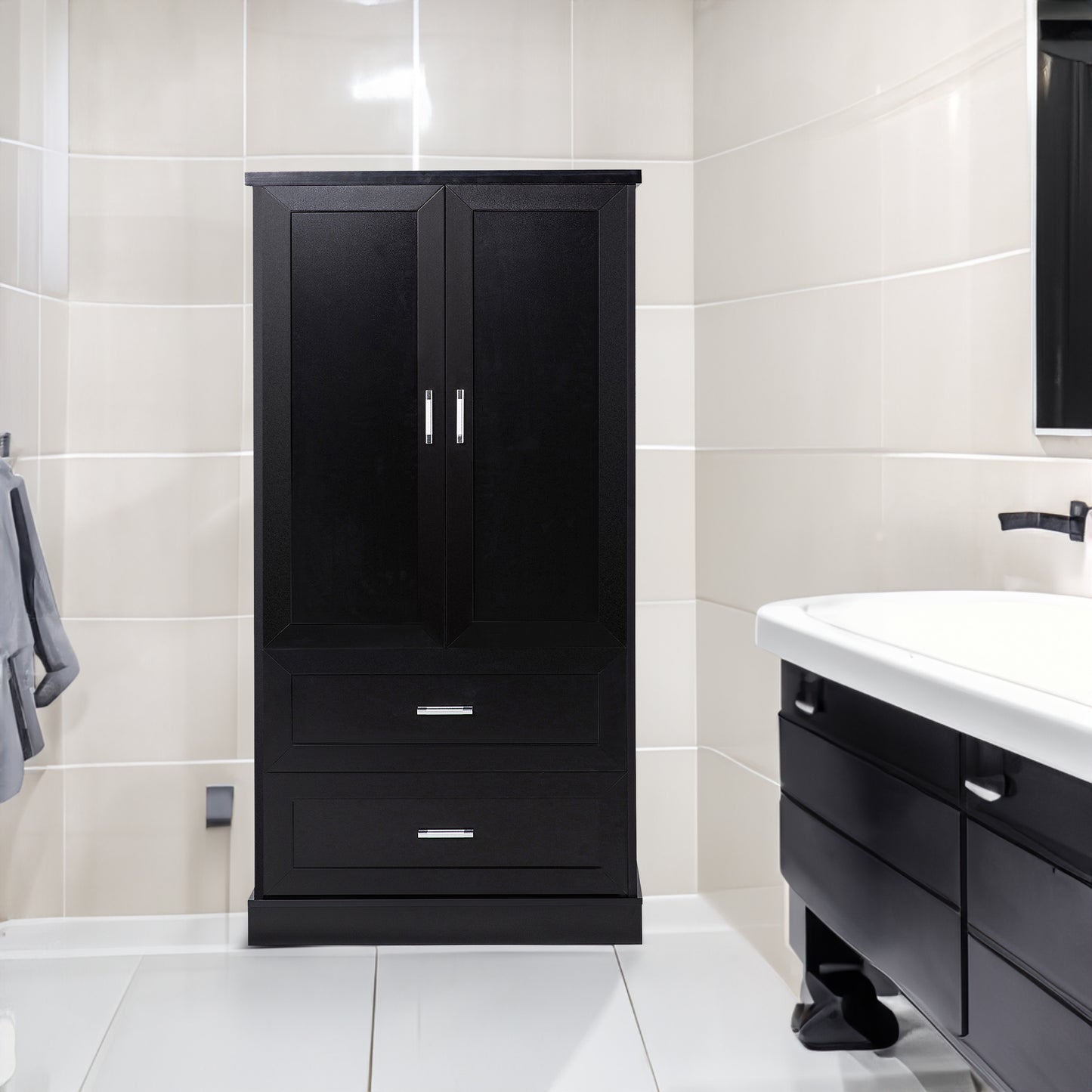 Mueble de baño alto con dos puertas y cajones, estante ajustable, tablero MDF, color negro