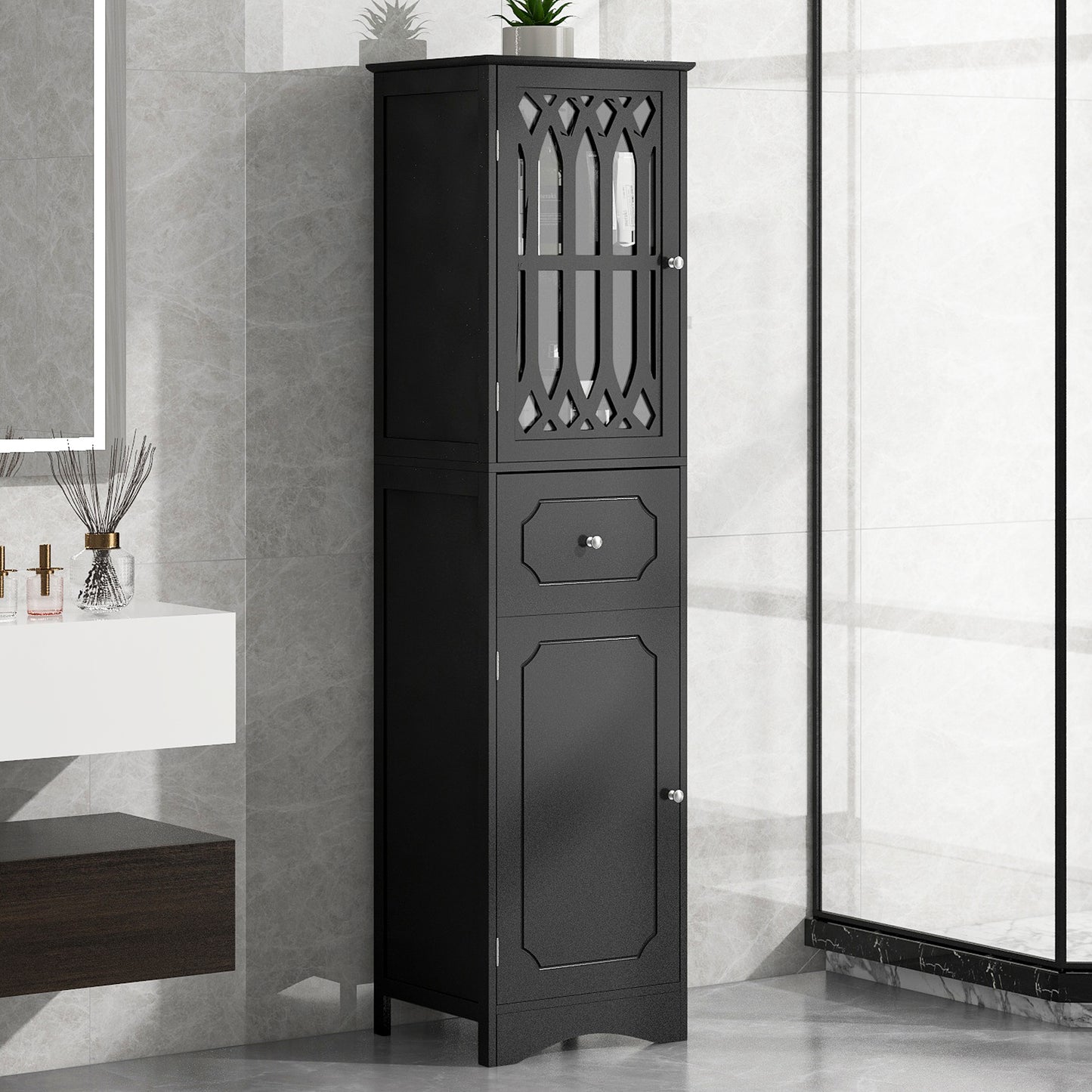 Tall Bathroom Cabinet, Freestanding Storage Cabinet with Drawer and Doors, MDF Board, Acrylic Door, Adjustable Shelf, Black