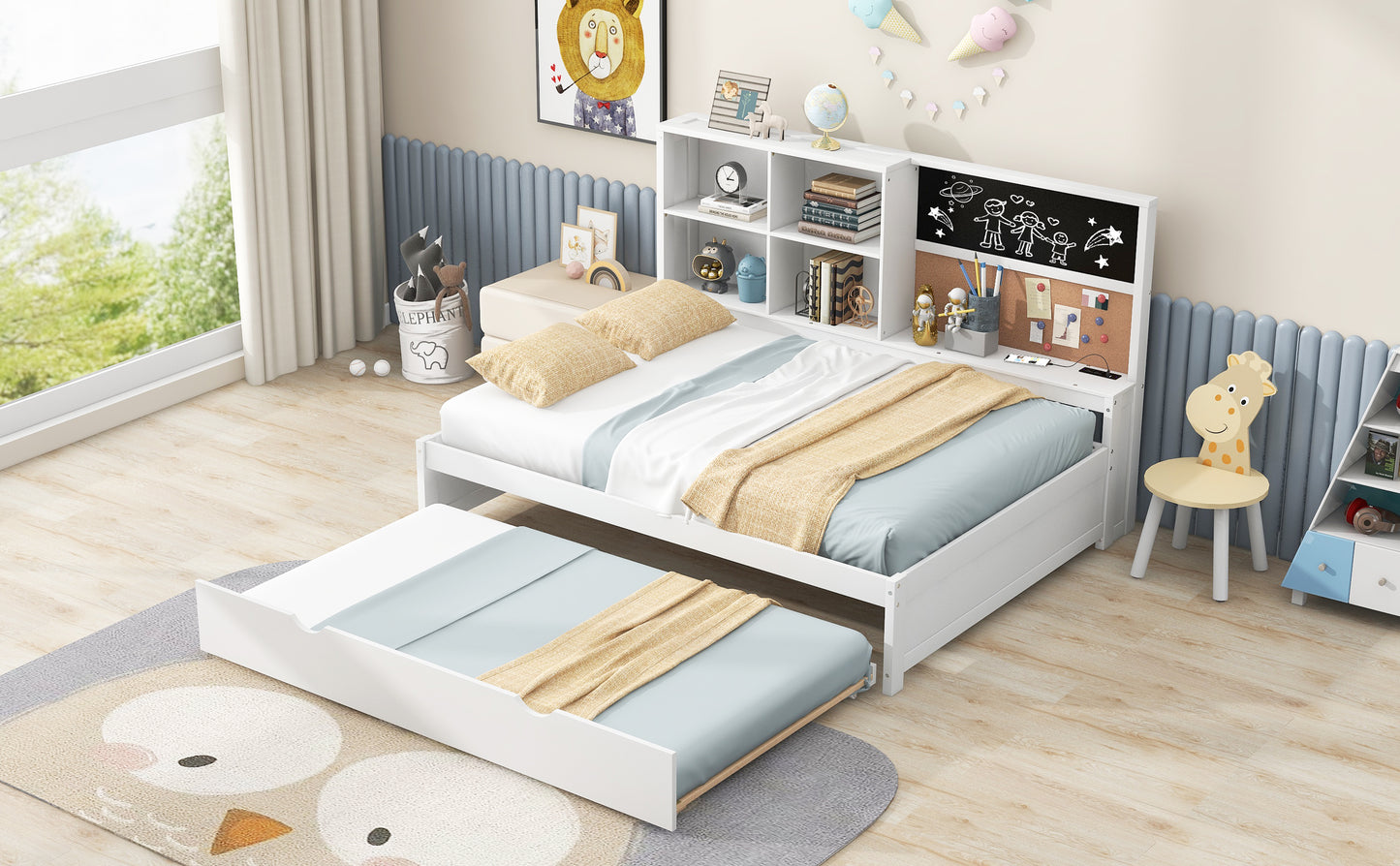 Full Size Daybed with Storage Shelves, Blackboard, Cork board, USB Ports and Twin Size Trundle  White