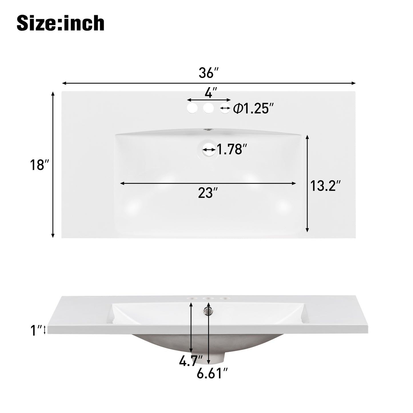 Single Bathroom Basin Sink, Vanity Top Only, 3-Faucet Holes, Resin