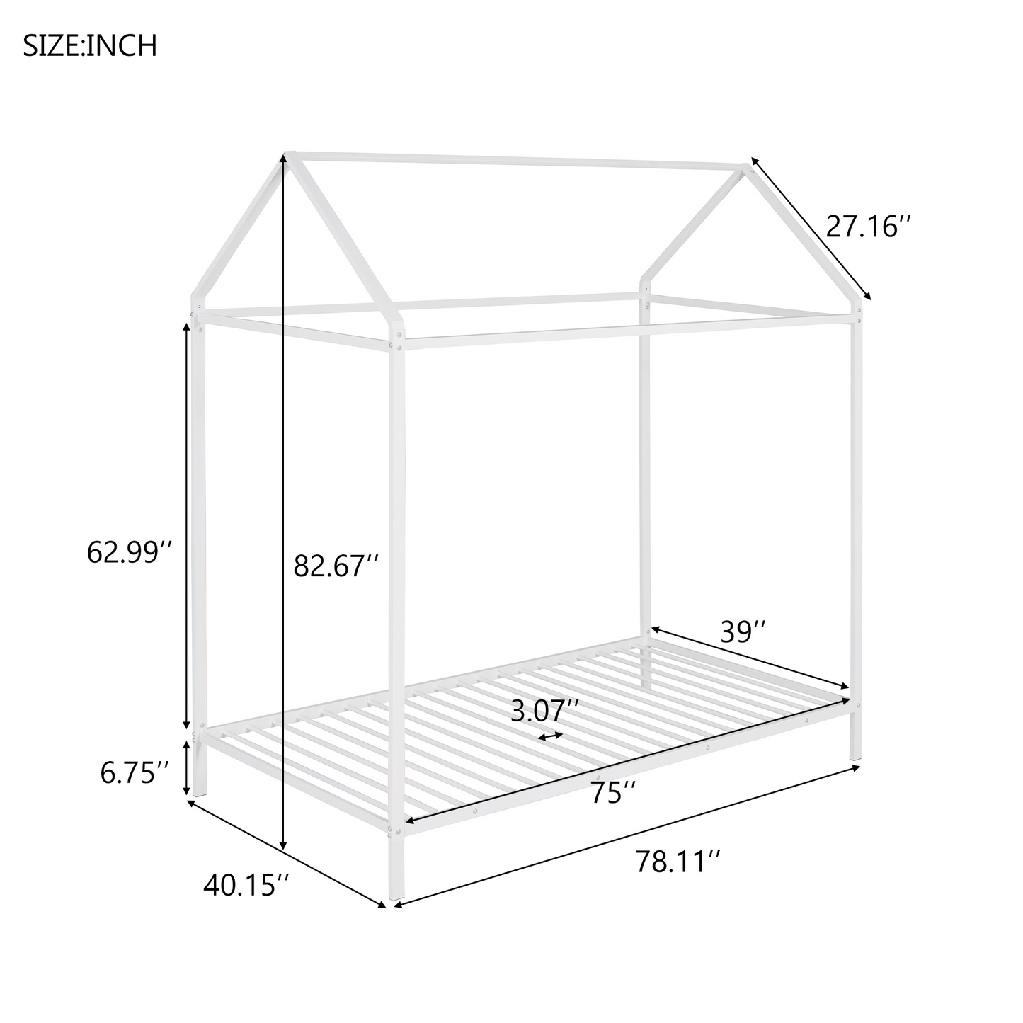 House Bed Frame Twin Size Kids Bed Frame Metal Platform Bed Floor Bed for Kids Boys Girls No Box Spring Needed White