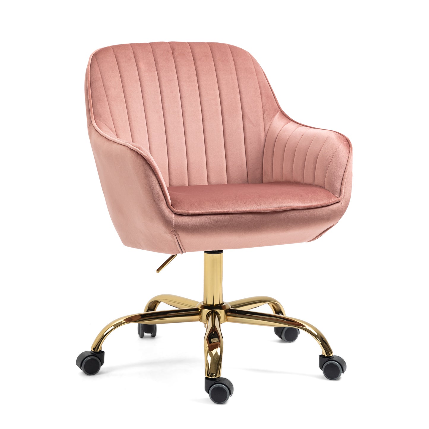 360° Pink Velvet Swivel Chair With High Back Adjustable Working Chair With Golden Color Base