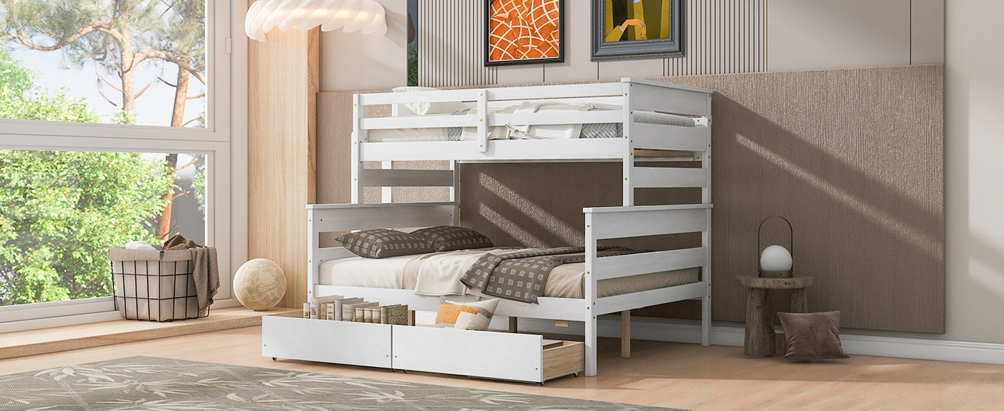 Wood Twin over Full Bunk Bed with 2 Drawers  White