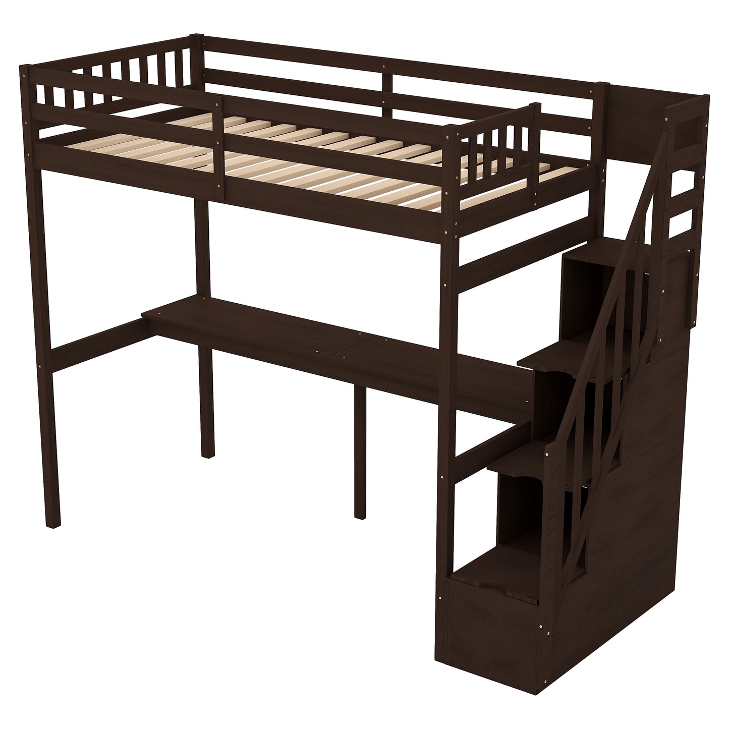 Twin Size Loft Bed with Storage Staircase and Built-in Desk Espresso