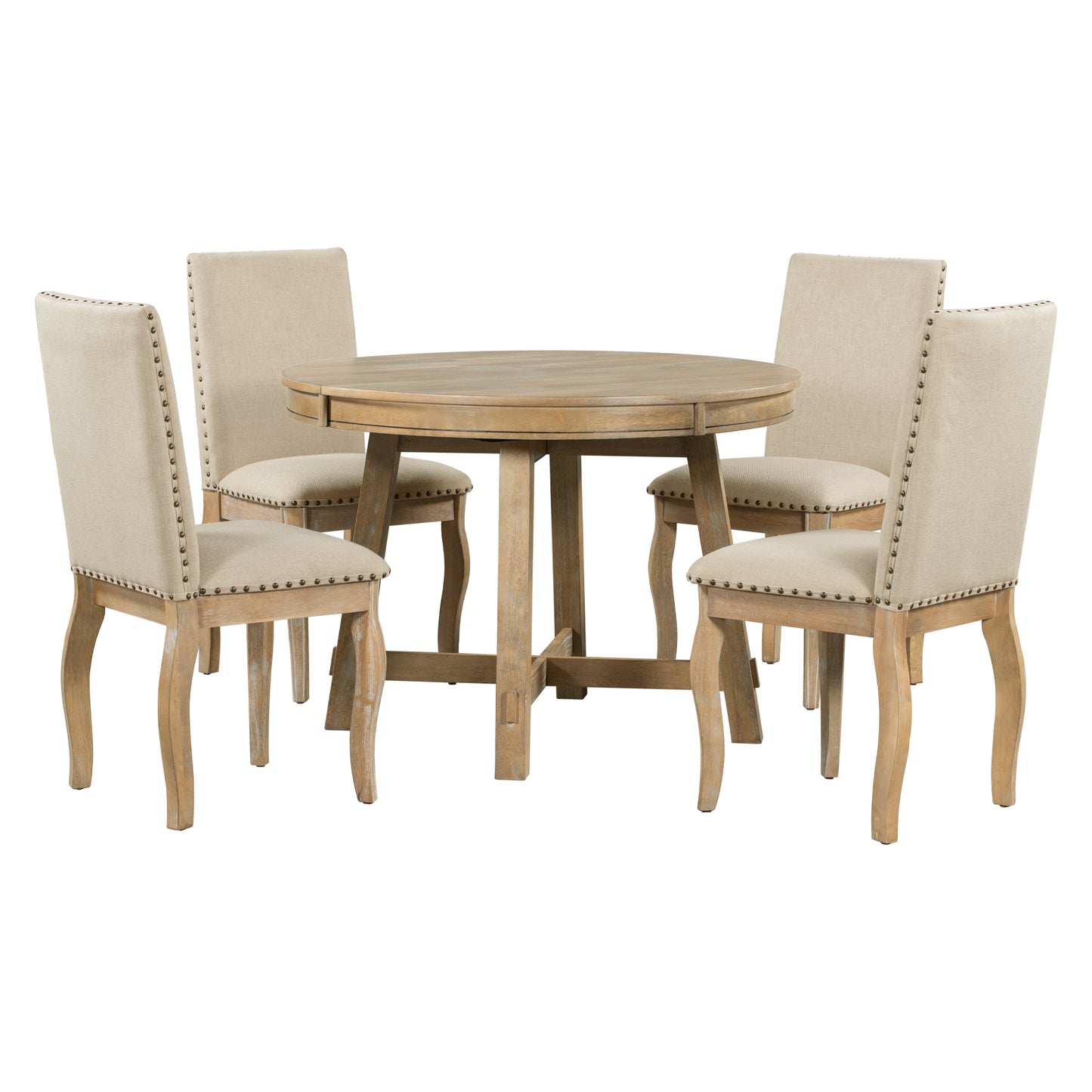 TREXM 5-Piece Farmhouse Dining Table Set with Round Extendable Table and 4 Upholstered Chairs, Natural Wood Wash