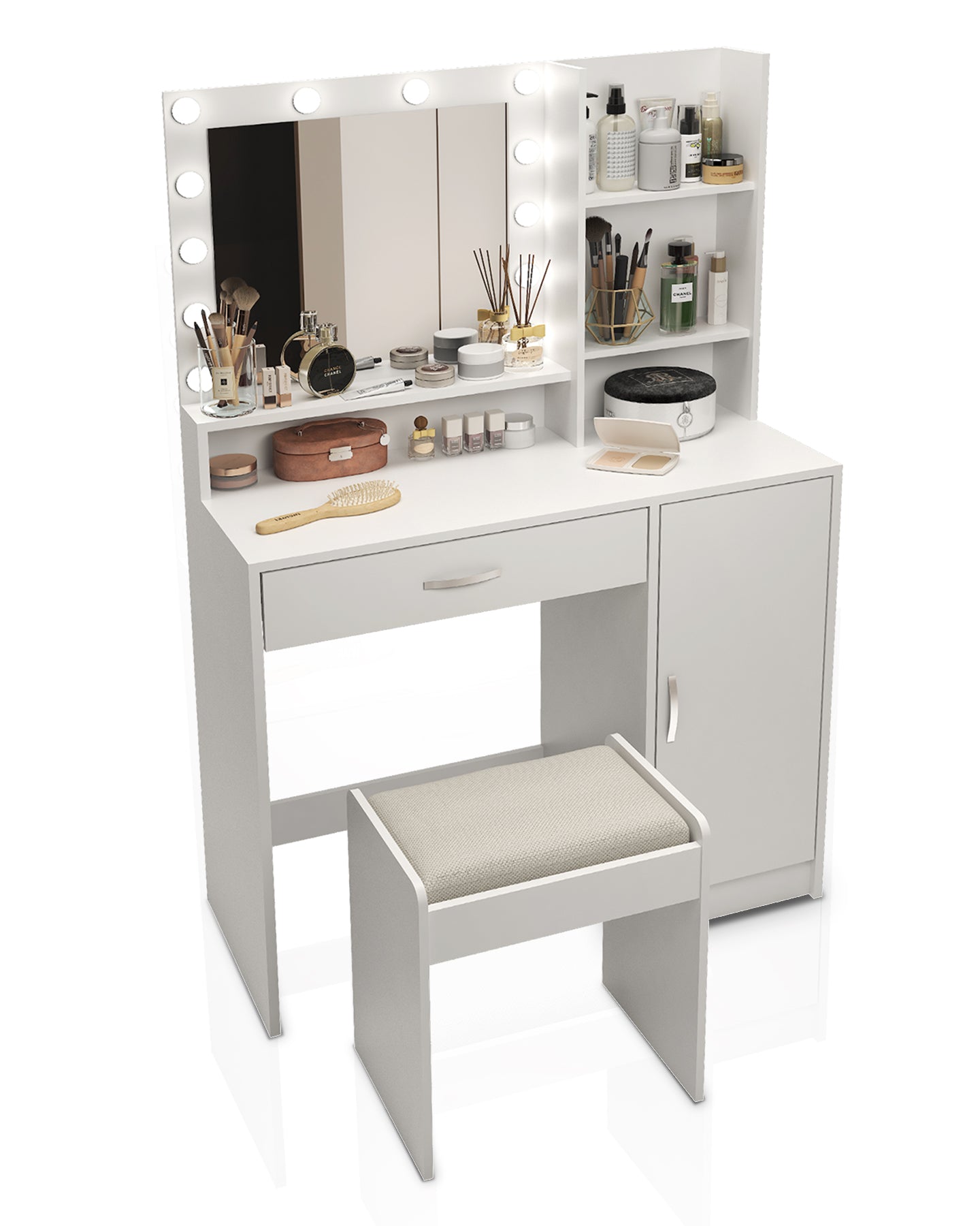 Large drawer with mirror and light, three-layer storage vanity, adjustable brightness for 3 lighting modes (white with stool)