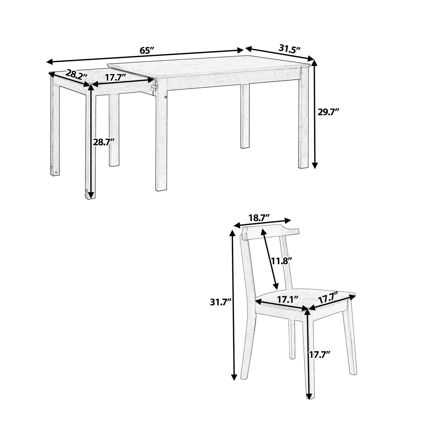 TOPMAX 65" 5-Piece Dining Set with Wheels, Expandable Table, and 4 Small Chairs, Natural Finish