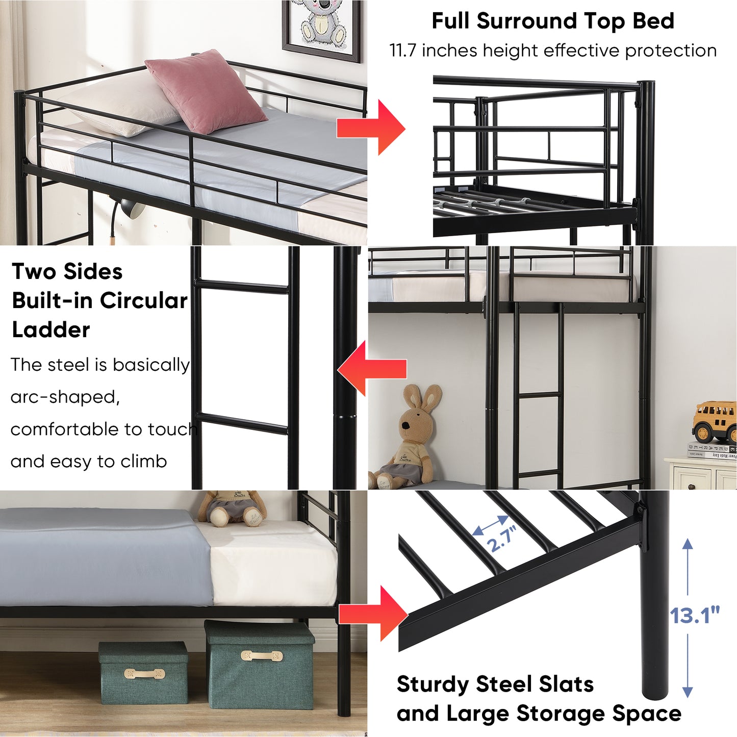 Cama de dos pisos con cama superior tamaño twin, 2 escaleras y barandilla de longitud completa, acabado negro