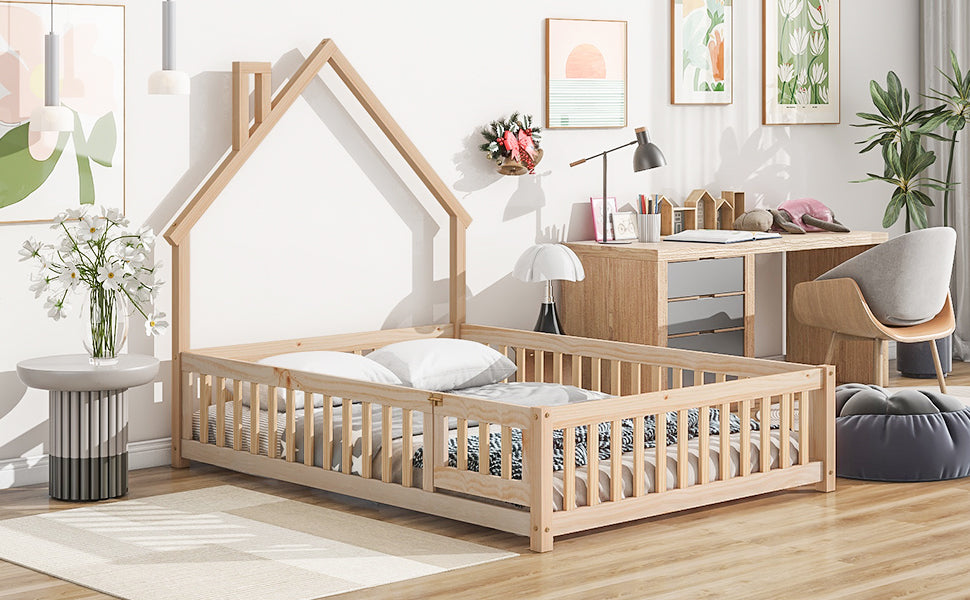 Full House-Shaped Headboard Floor Bed with Fence Natural