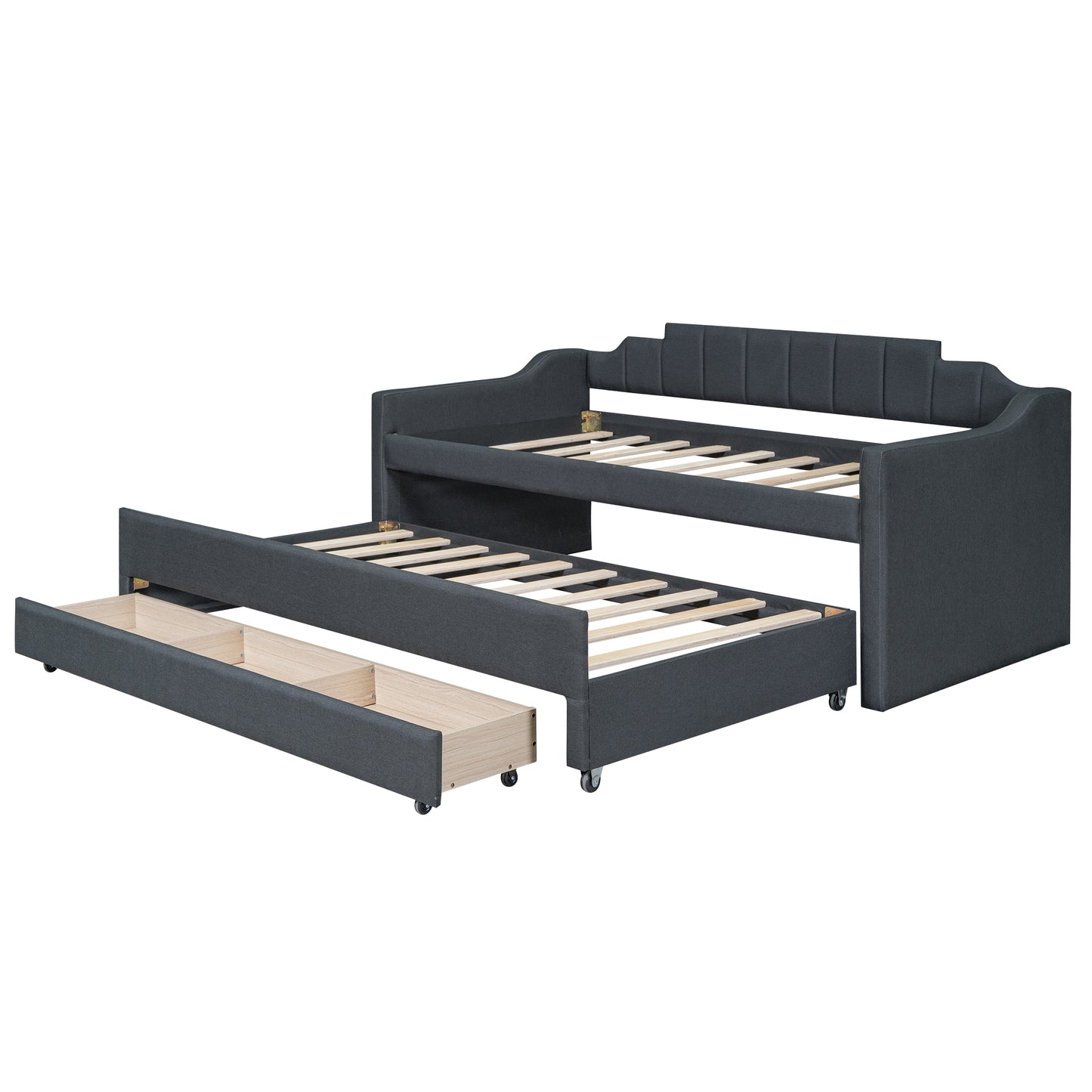 Twin Size Upholstered Daybed with Trundle and Three Drawers Grey