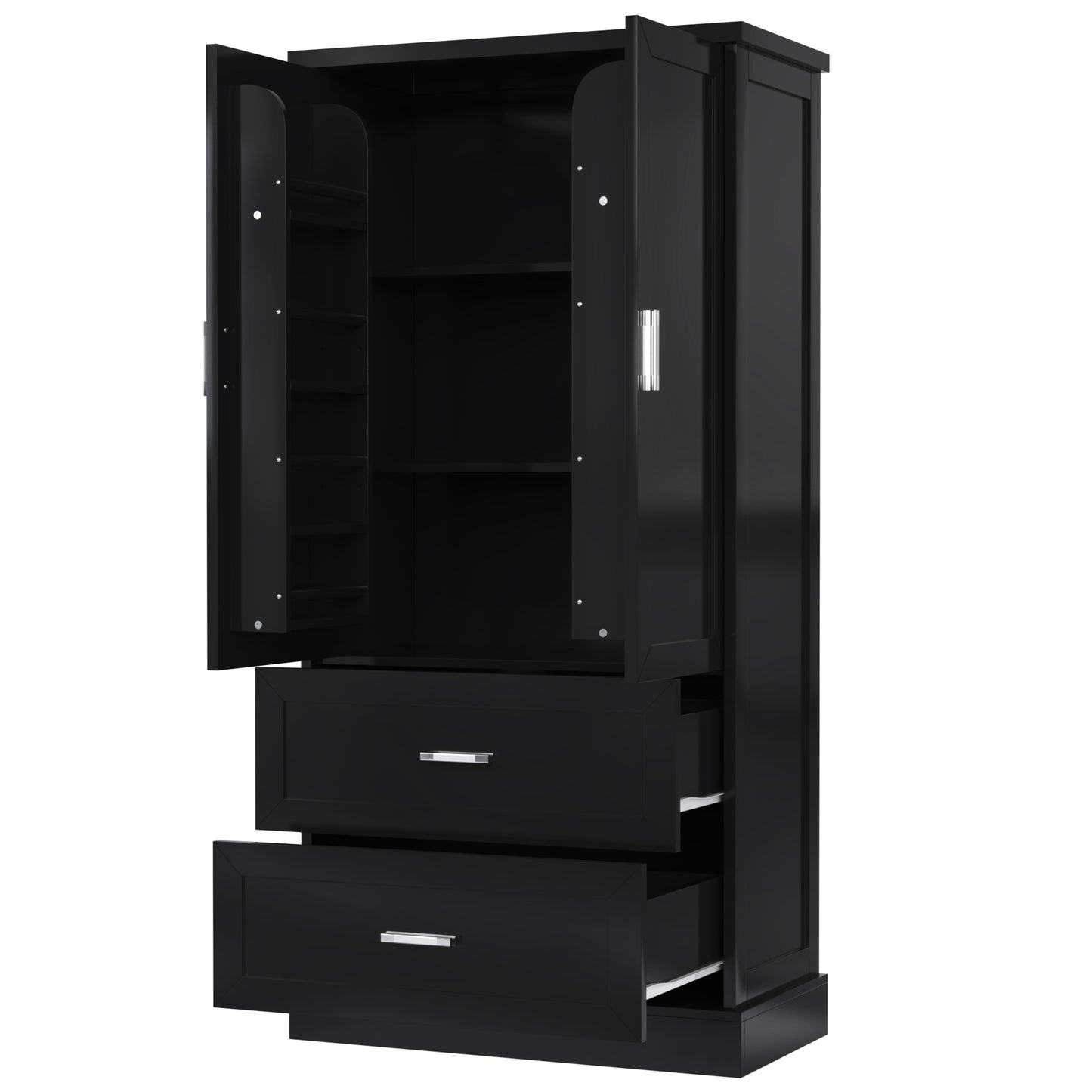 Mueble de baño alto con dos puertas y cajones, estante ajustable, tablero MDF, color negro