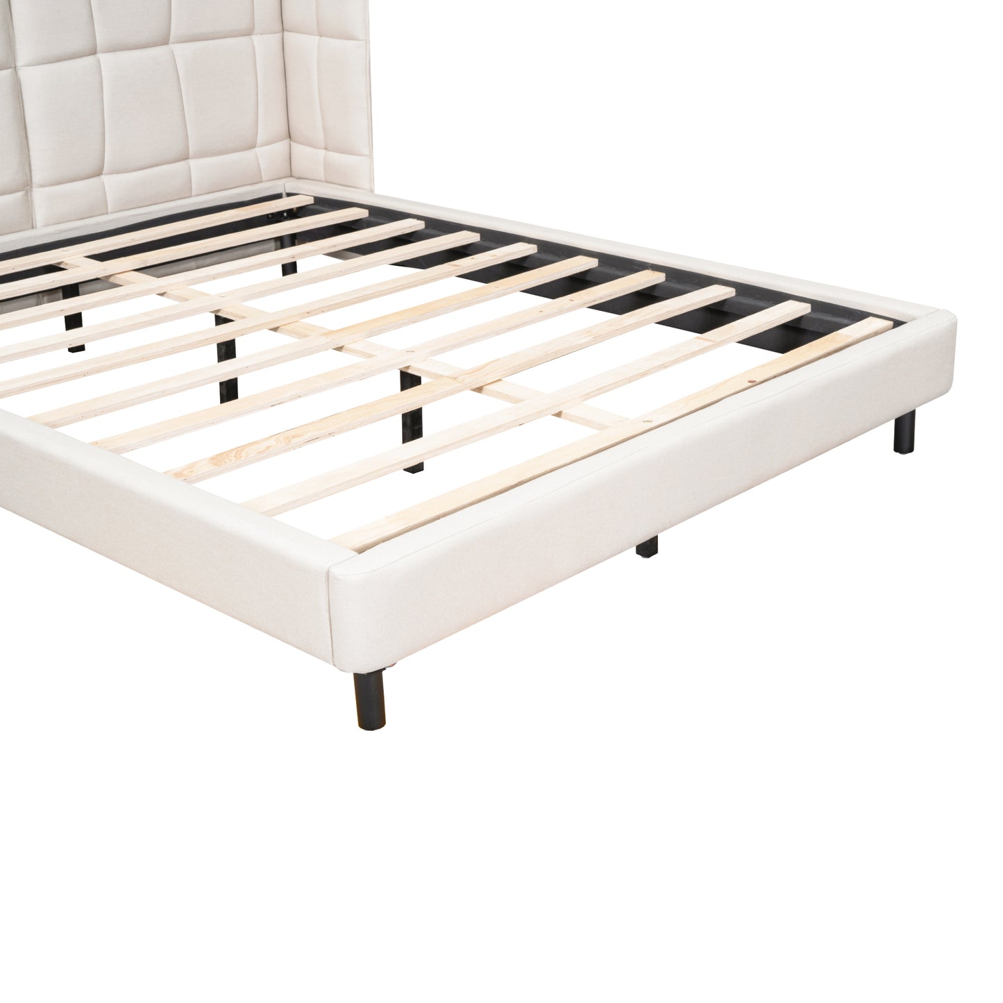 Queen Size Upholstered Platform Bed with LED Lights and U-Shaped Headboard, Linen Fabric, Beige