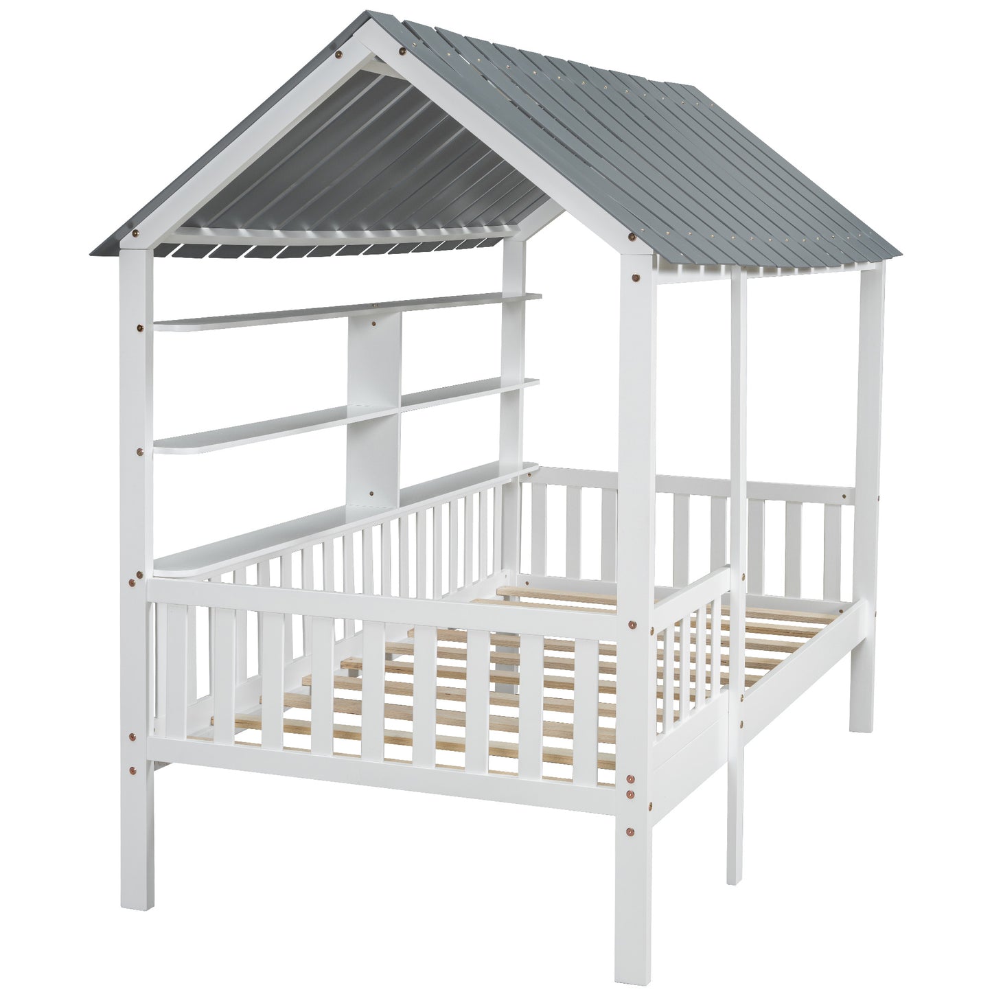 Wood Twin Size House Bed with Roof, Guardrail and Shelves, White