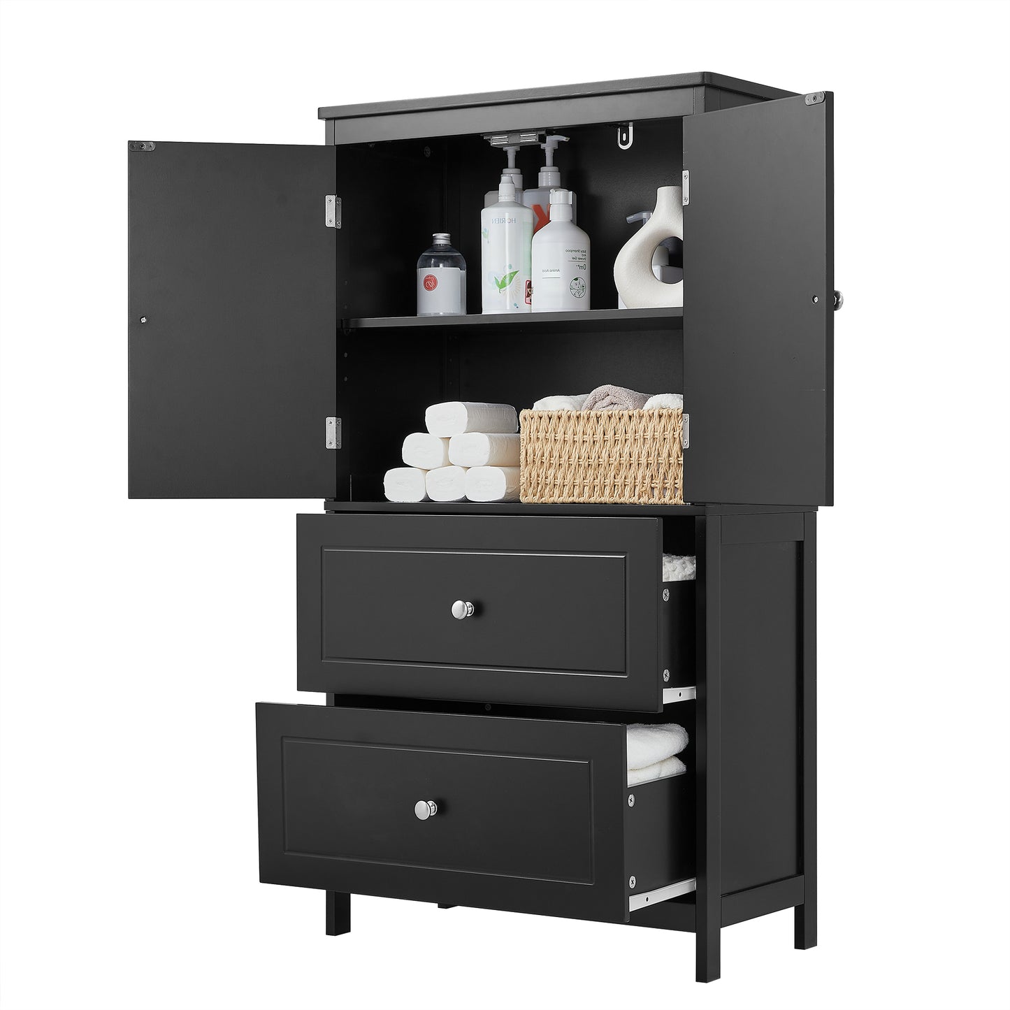 Bathroom Storage Cabinet, Cabinet with Two Doors and Drawers, Adjustable Shelf, MDF Board, Black