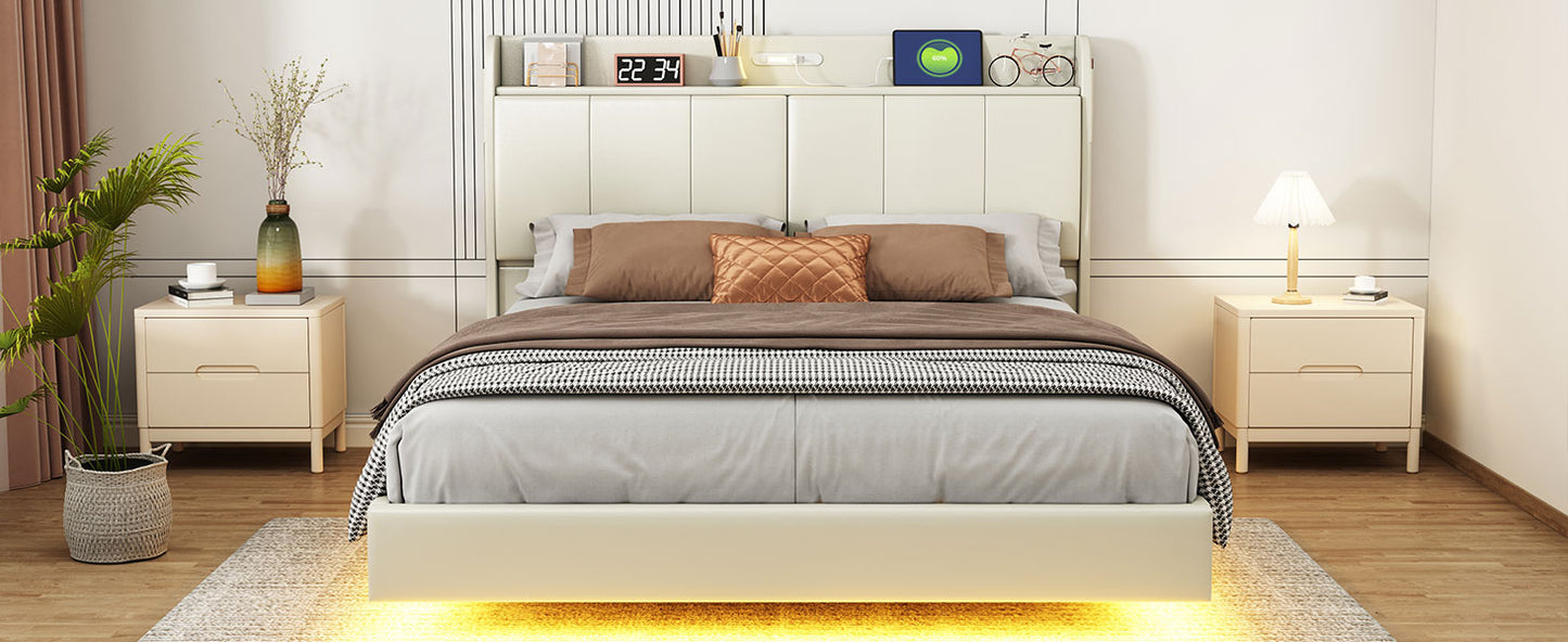 Large floating bed frame with storage headboard, touch sensor, night light and USB charger, padded platform bed, beige color