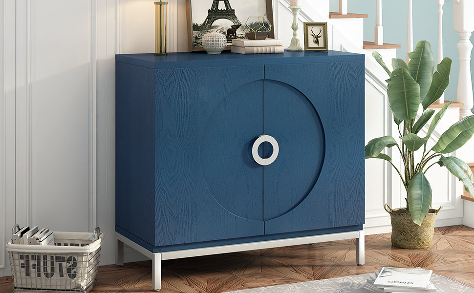 Simple Storage Cabinet Accent Cabinet with Solid Wood Veneer and Metal Leg Frame for Living Room, Entryway, Dining Room (Navy)