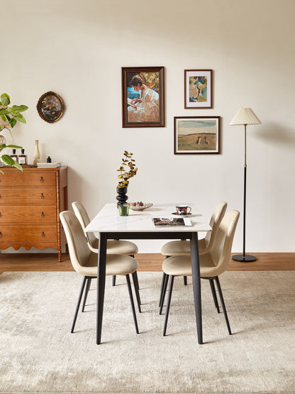 A set of 2 high back dining chairs with PU artificial leather soft cushions and metal legs, decorated with large soft cushions