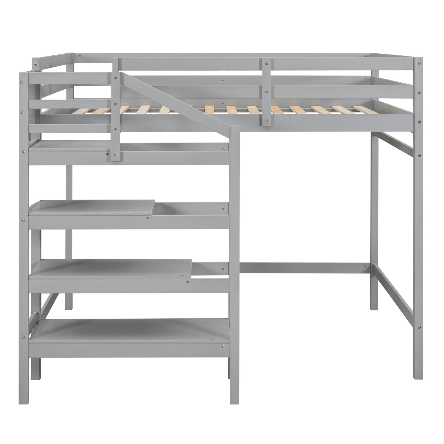 Full Size Loft Bed with Built-in Storage Staircase and Hanger for Clothes, Gray