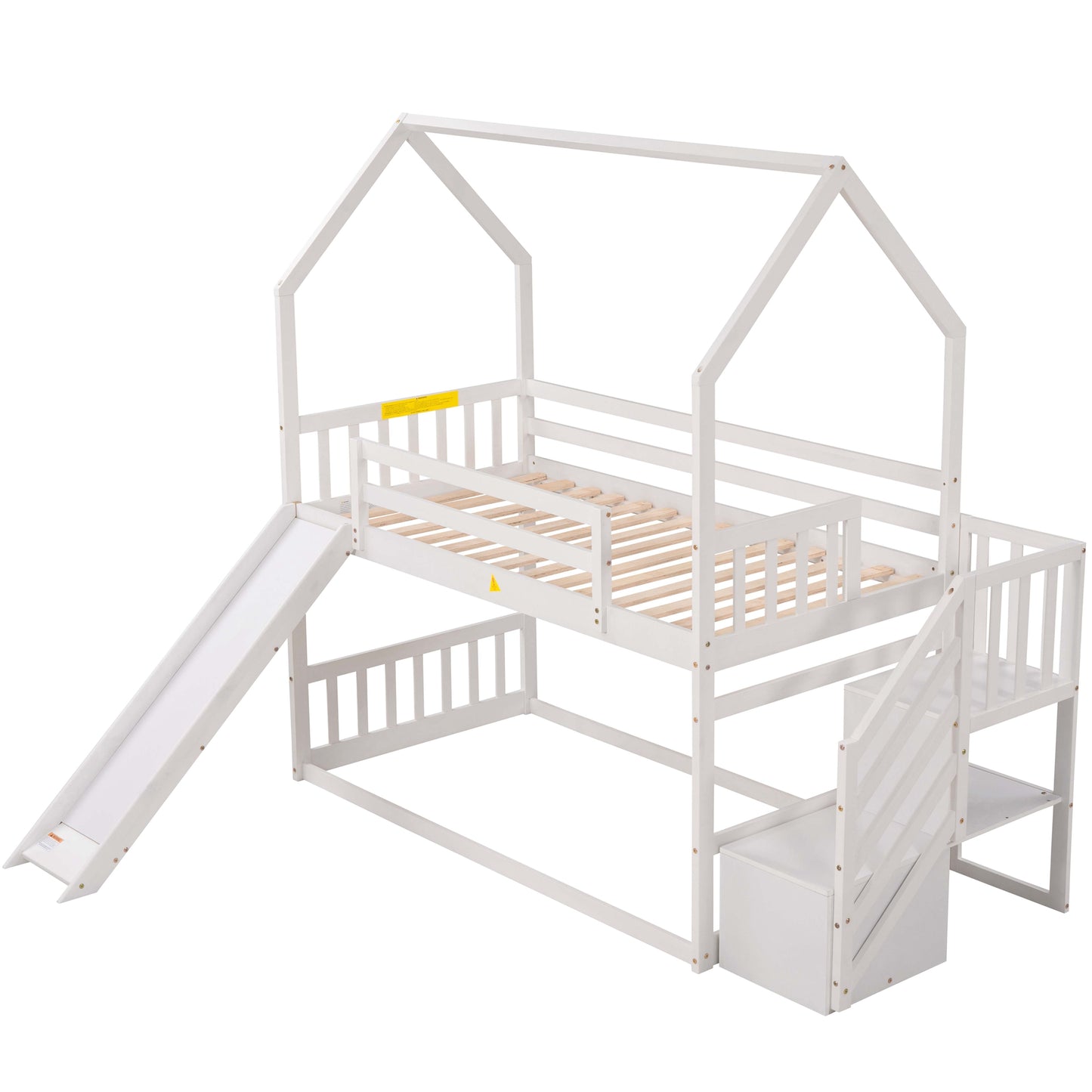 Twin over Twin House Bunk Bed with Convertible Slide,Storage Staircase,White