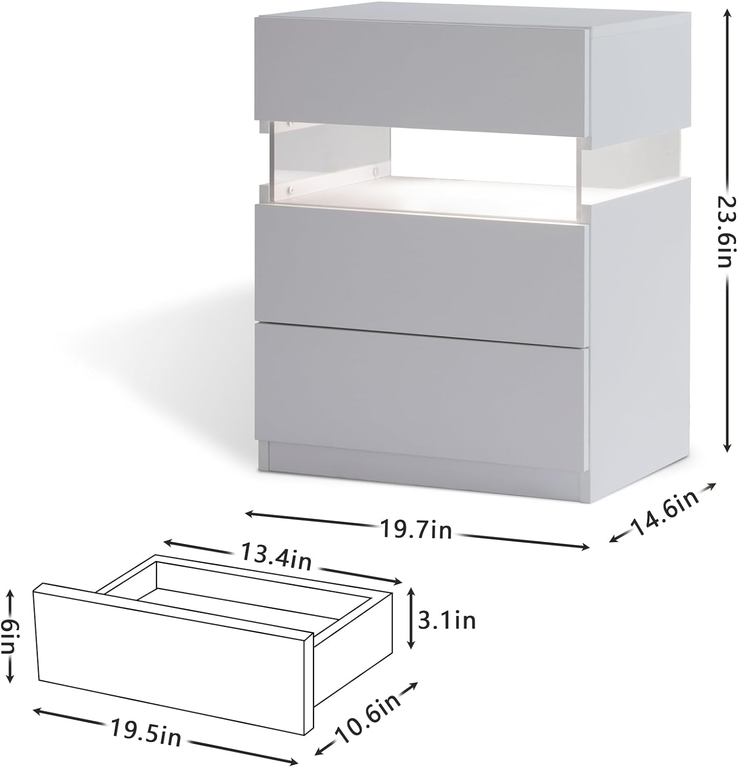 LED bedside table, bedroom, three drawers, dressing table, acrylic board, bedside furniture (white)