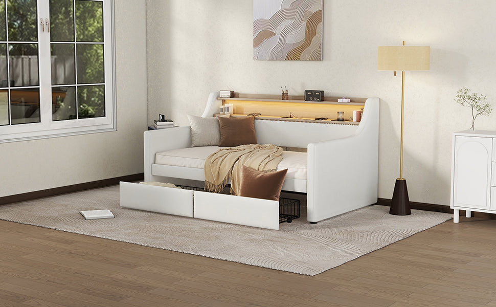 Twin Size Daybed with Drawers, Upholstered Daybed with Charging Station and LED Lights, White